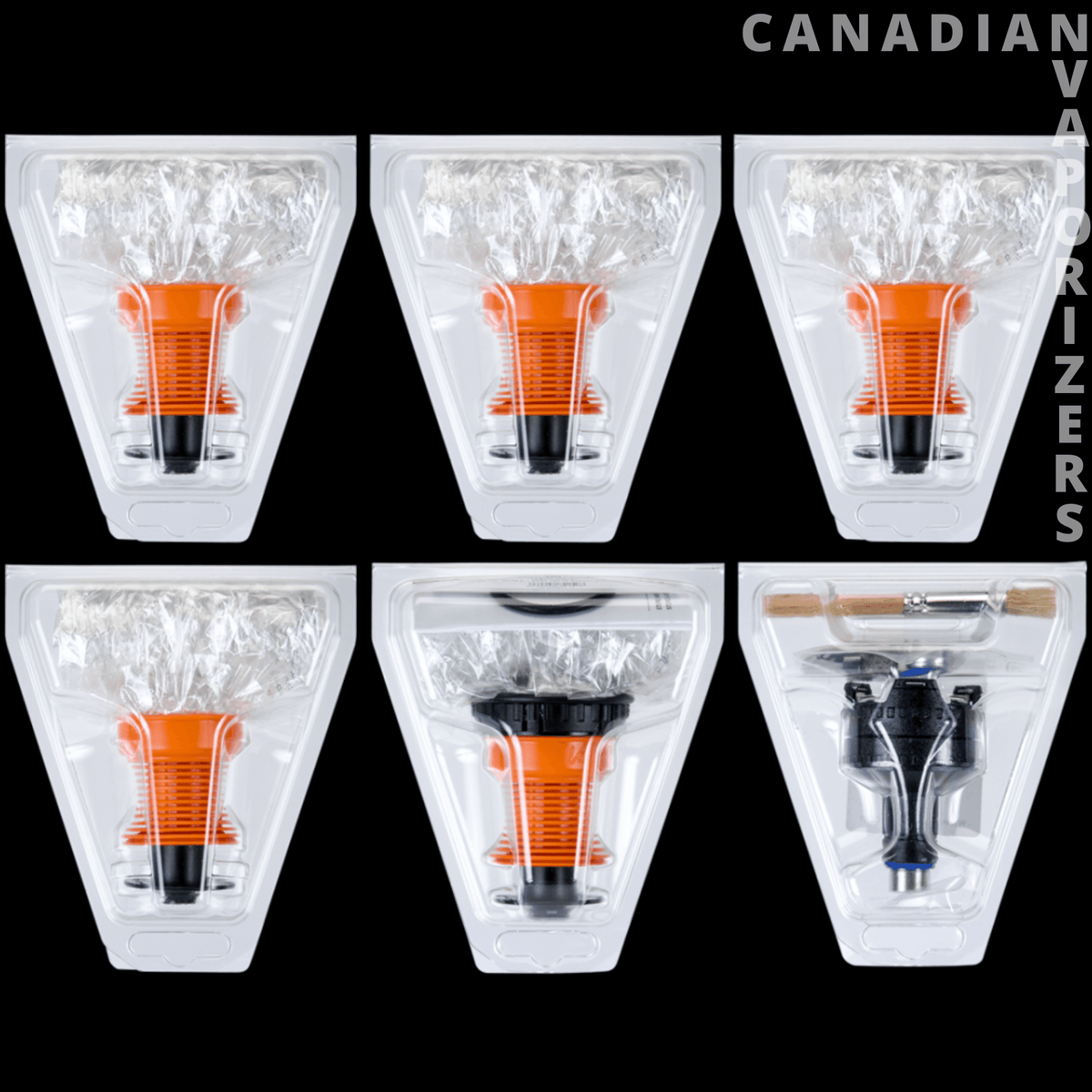 Storz & Bickel Volcano Easy Valve Starter Set - Six clear Volcano Easy Valve balloons with orange and black mouthpieces arranged in two rows.
