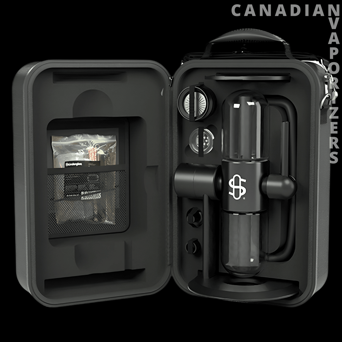 Stundenglass Black Gravity Infuser Travel Case - Open black hard-shell travel case with fitted compartments holding a Stundenglass gravity infuser and accessories.