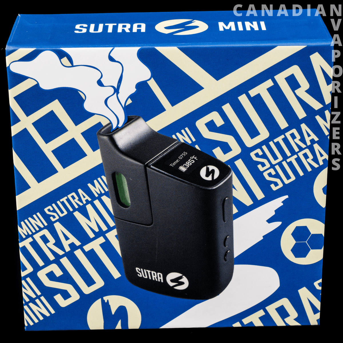 Sutra Mini Vape - Black Sutra Mini vape with a compact rectangular design, displayed on blue-and-white branded packaging.