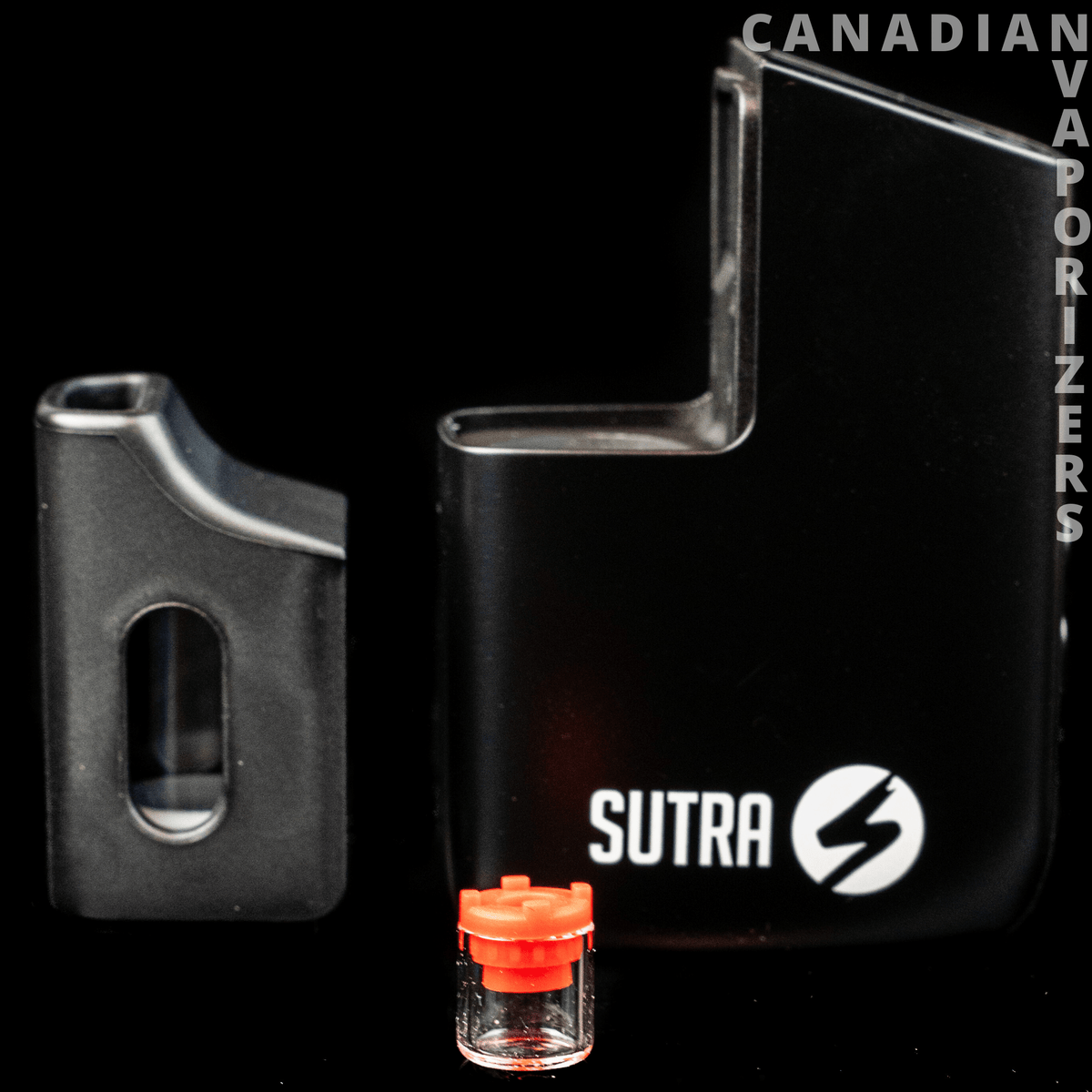 Sutra Mini Vape - Black Sutra Mini vape with a compact metal body, white logo, and small orange-topped glass chamber.