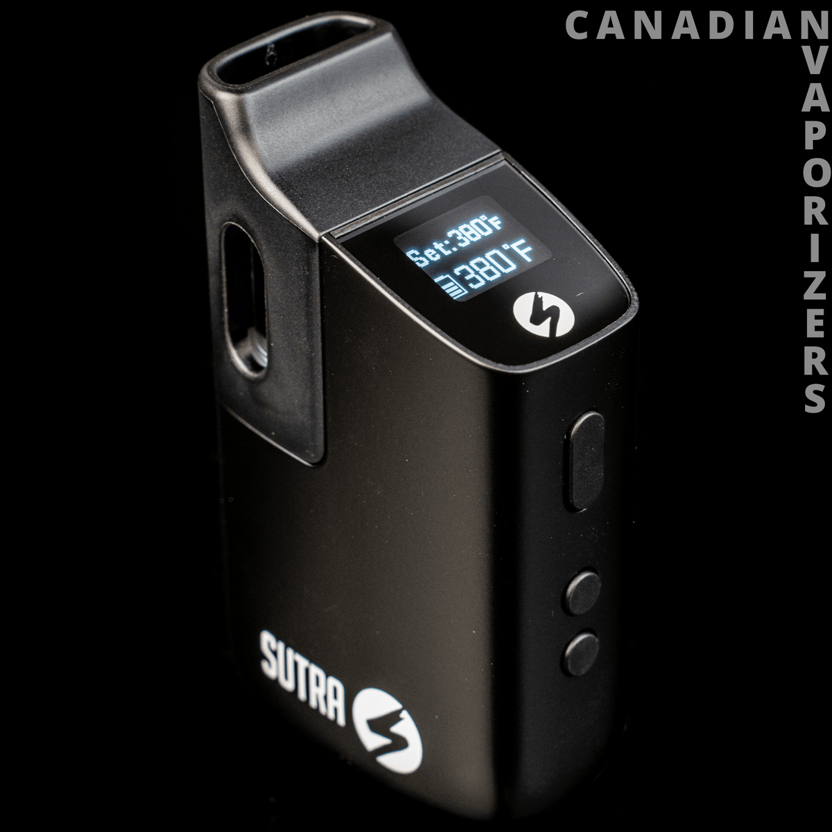 Sutra Mini Vape - Black Sutra Mini Vape with a silver metal top, digital temperature display, and two front buttons.