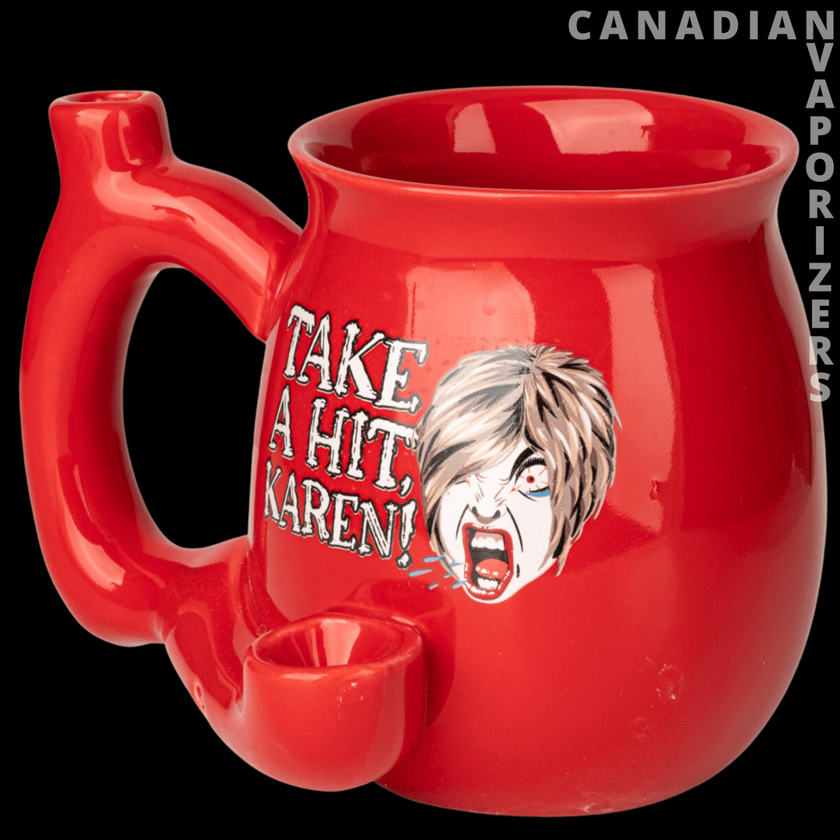 Take A Hit Karen Mug Pipe - Glossy red ceramic mug pipe with a side handle, bowl, and “Take a Hit Karen!” graphic.