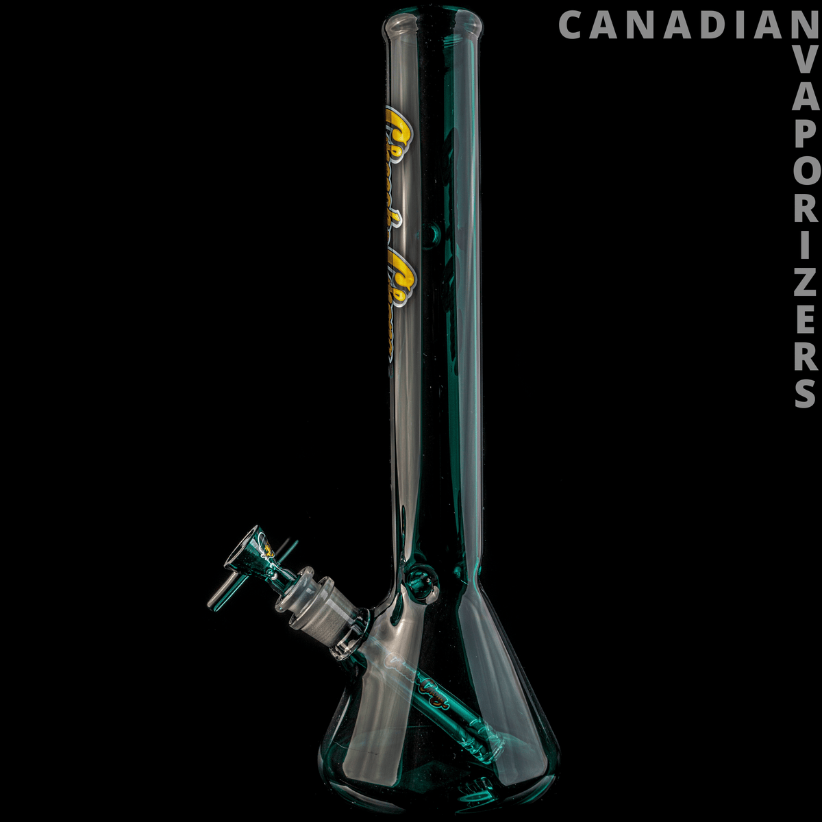 Teal | Cheech & Chong Glass 14 Inch Tall Sergeant Stadanko Beaker Tube W/Magnet & 14mm Joint - Teal glass beaker tube with a tall neck, angled side joint, and Sergeant Stadanko decals.