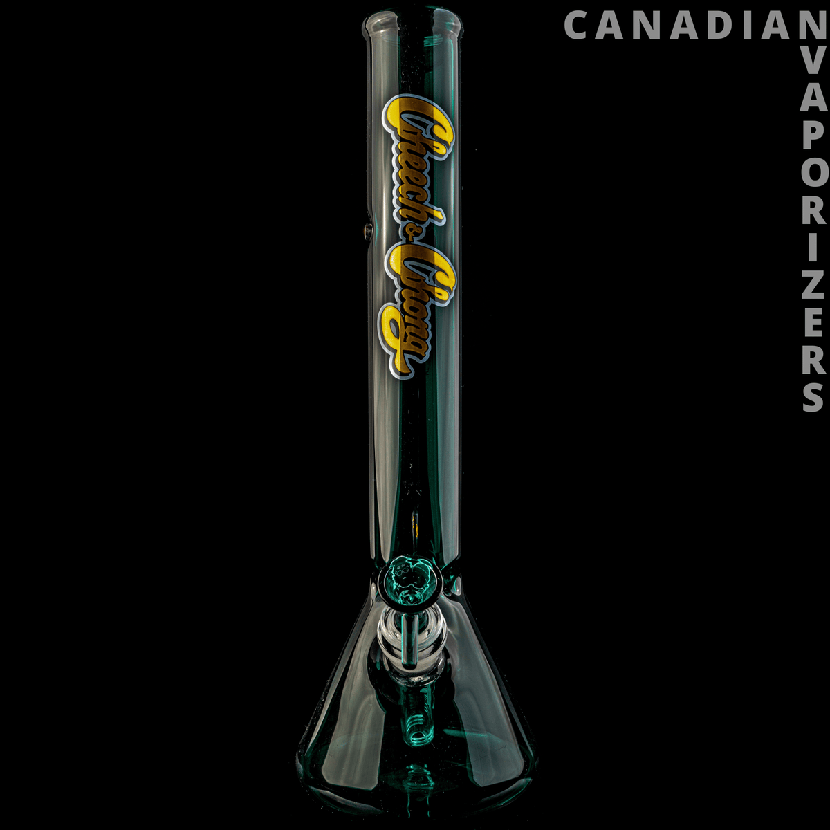 Teal | Cheech & Chong Glass 14 Inch Tall Sergeant Stadanko Beaker Tube W/Magnet & 14mm Joint - Teal-tinted glass beaker tube with a flared base, Cheech & Chong logo, and Sergeant Stadanko emblem.