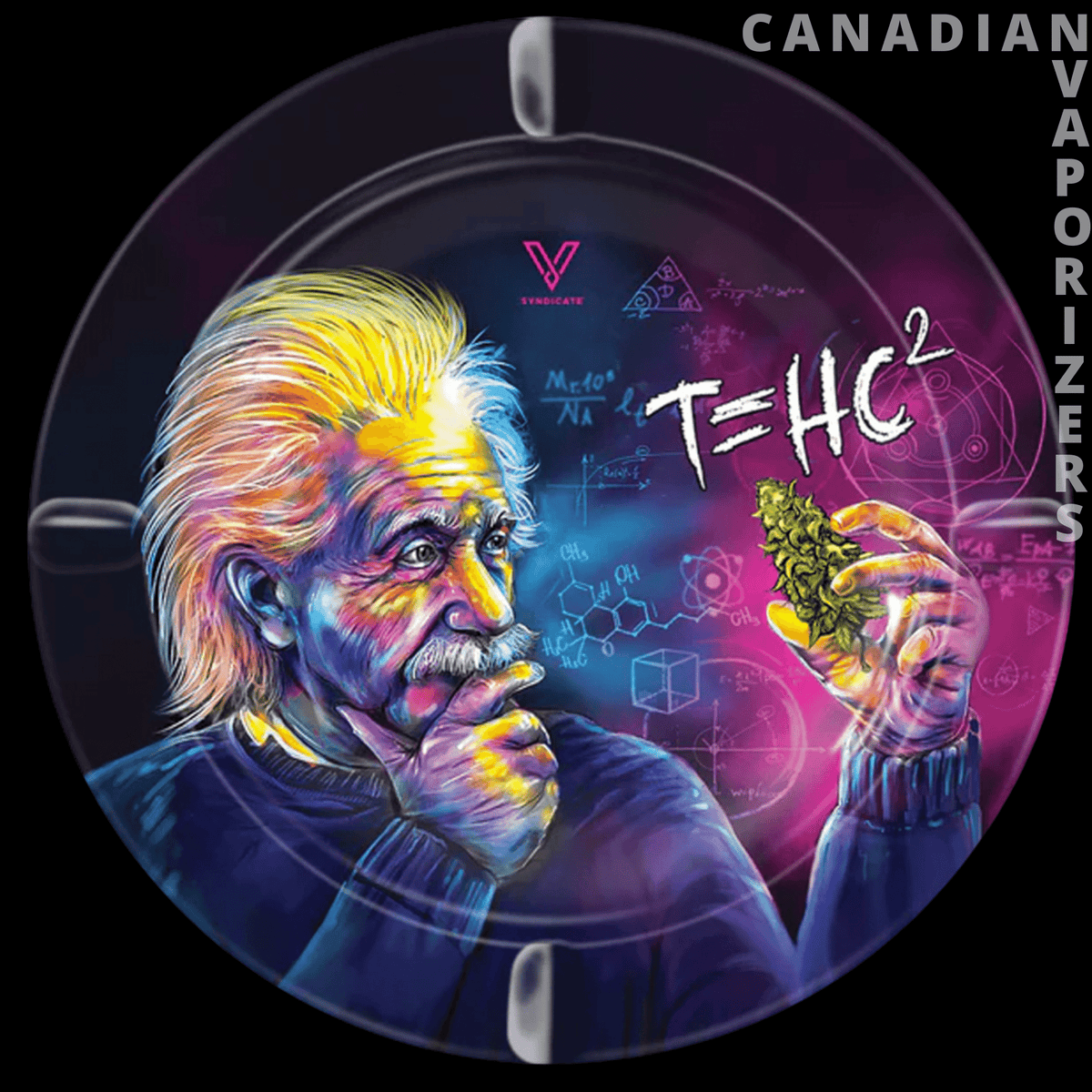 T=HC2 Metal Ashtray - Round black metal ashtray printed with a colorful Einstein portrait and “E=HC²” design.