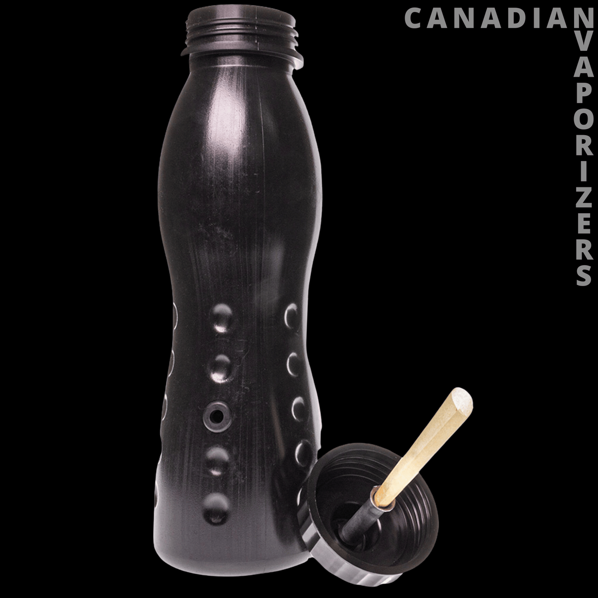 The Blunt Blaster - Black textured silicone vaporizer with a contoured body, circular openings, and a wooden-handled attachment.