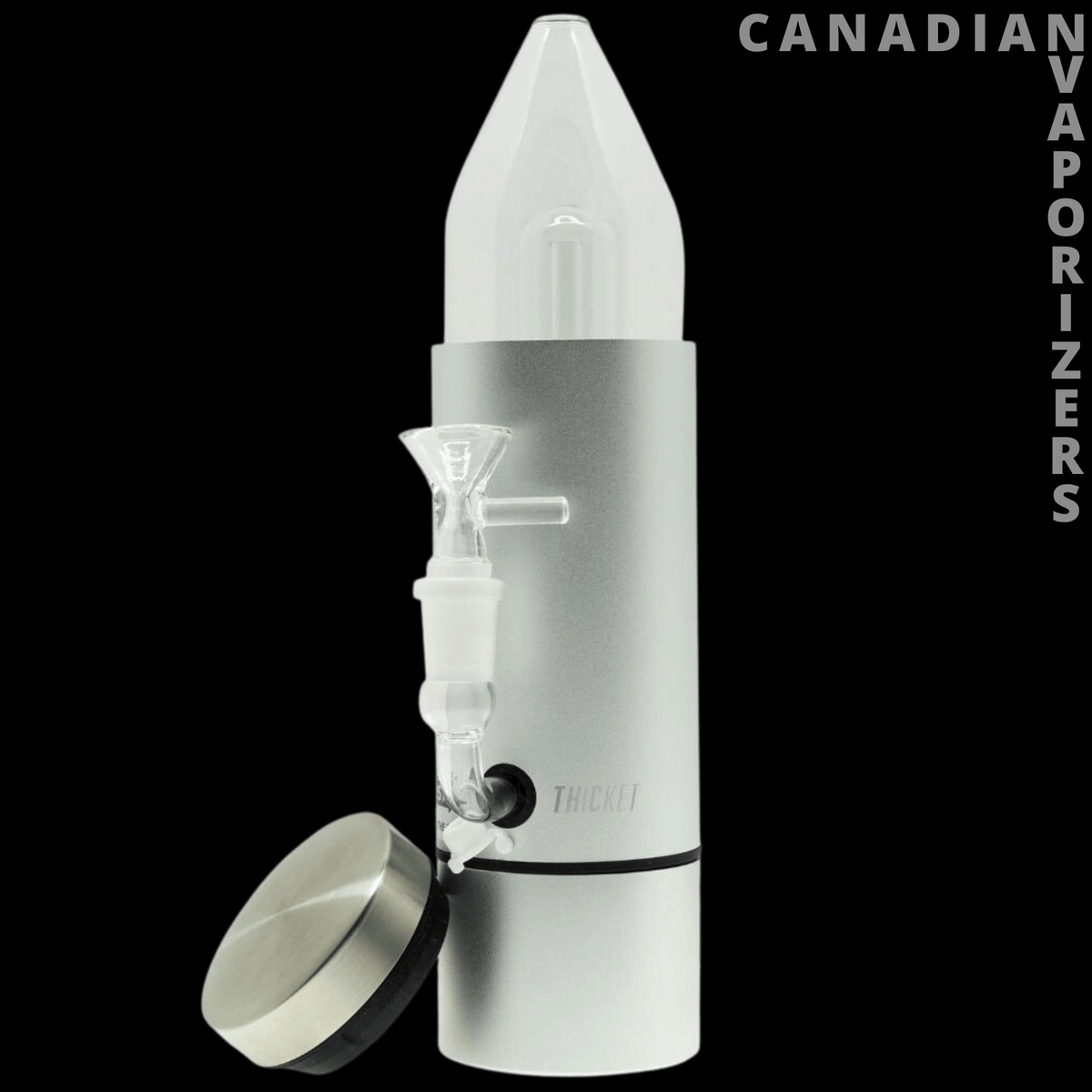 THiCket Water Pipe - Silver cylindrical water pipe with a clear angled mouthpiece, side-mounted glass joint, and detached round cap.