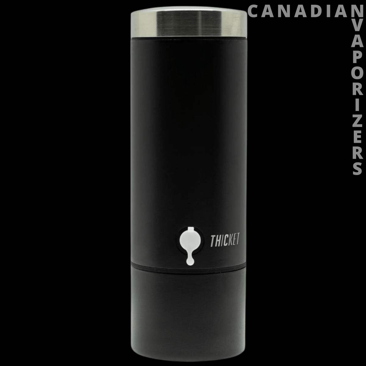 THiCket Water Pipe - Black cylindrical THiCket water pipe with a silver top rim and white logo on a dark background.