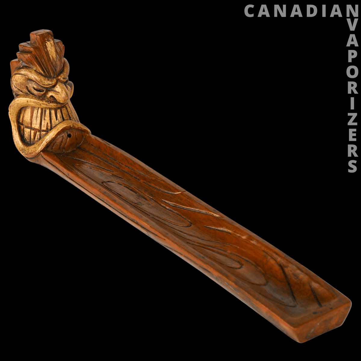Tiki Incense Holder - Carved brown wooden tiki incense holder with a detailed tiki face and long sloped incense channel.