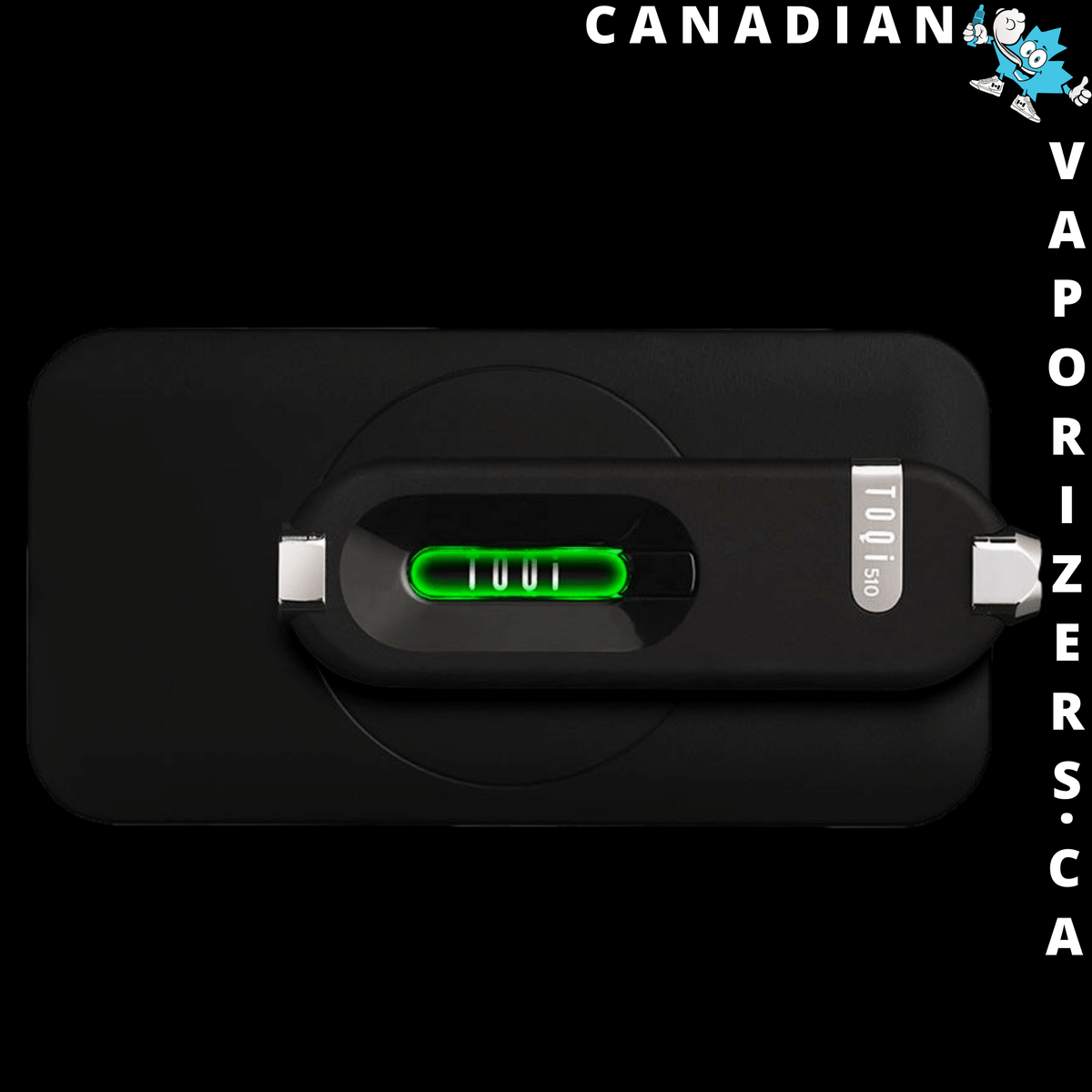 TOQi 510 Wireless Vaporizer - Black TOQi 510 wireless vaporizer with a green-lit battery display and USB-C charging port.