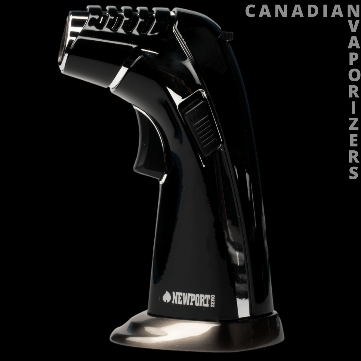 Triple Torch Jet Flame Lighter - Glossy black triple-torch jet lighter with a curved trigger, ridged side control, and silver base.