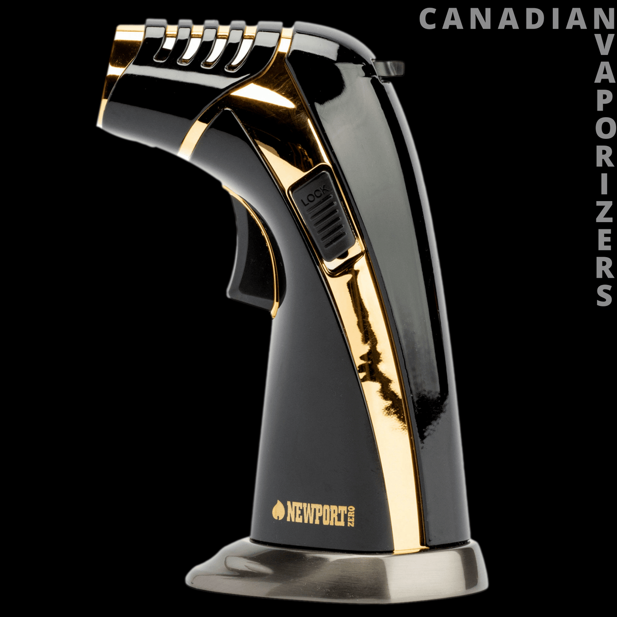 Triple Torch Jet Flame Lighter - Gold and black triple torch jet flame lighter with a curved handle and silver base.