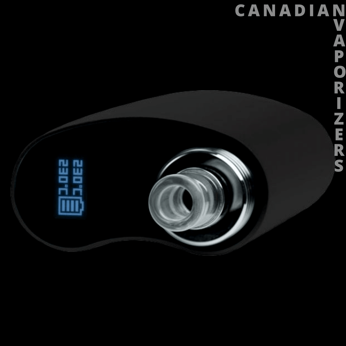 Utillian 421 - Black Utillian 421 vaporizer with a blue digital display and circular glass mouthpiece.