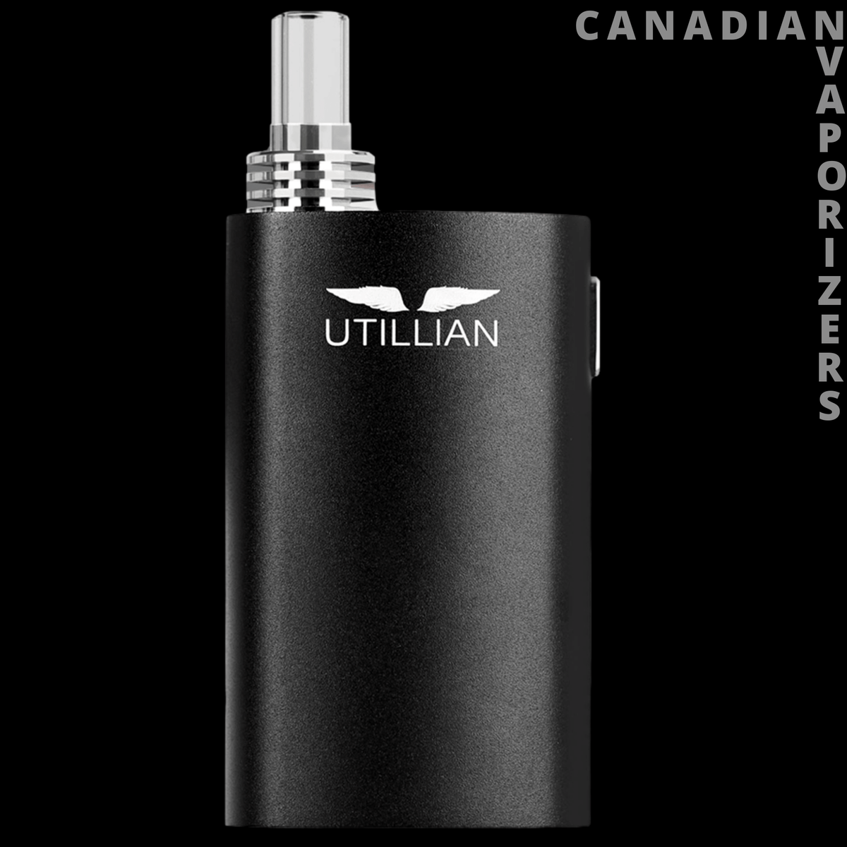 Utillian 421 - Black Utillian 421 vaporizer with a textured rectangular body and silver mouthpiece.