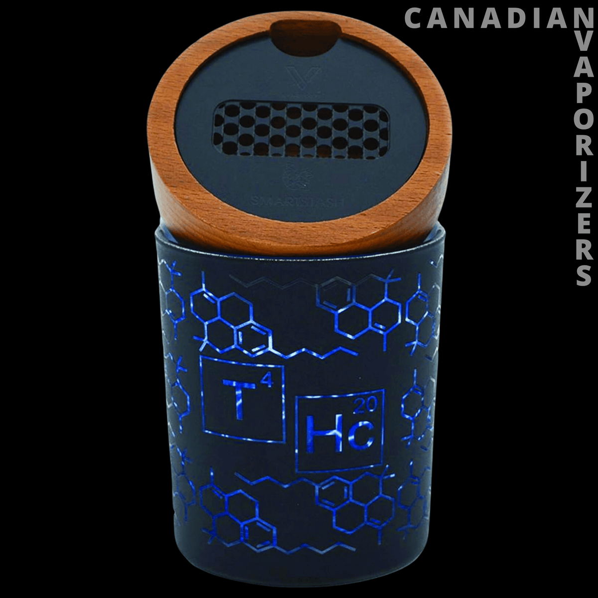V-Syndicate Hamsa Smart Stash Jar - Grinder and Stash Jar - Black cylindrical smart stash jar with a wood-grain grinder lid and glowing blue molecular graphics.