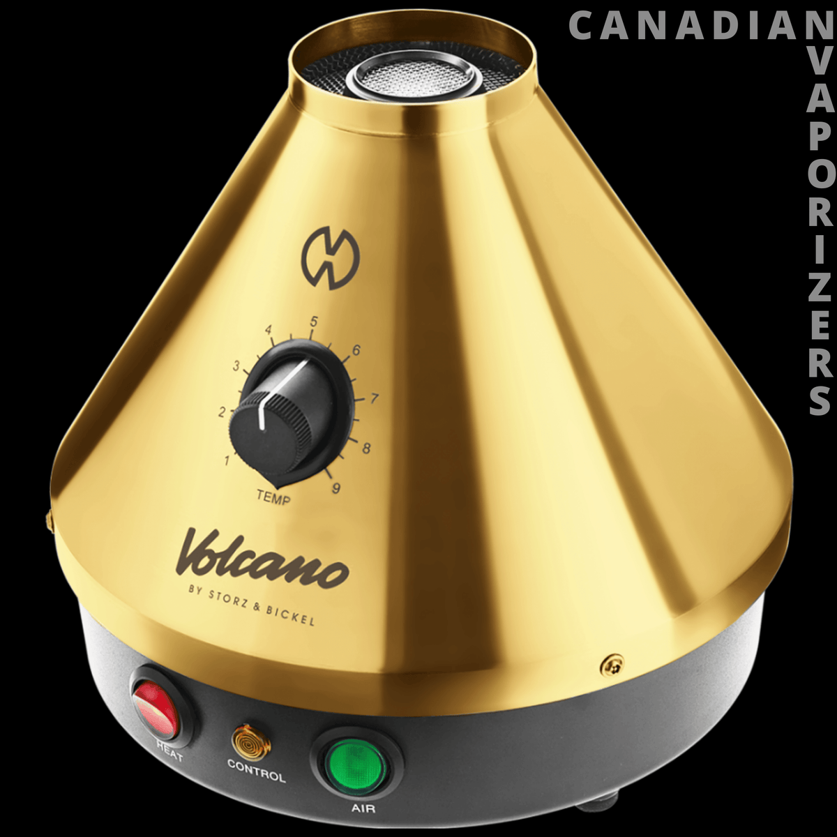 Classic Volcano Storz & Bickel - Gold Classic Volcano vaporizer with a tapered metal housing, black temperature dial, and red and green control buttons.
