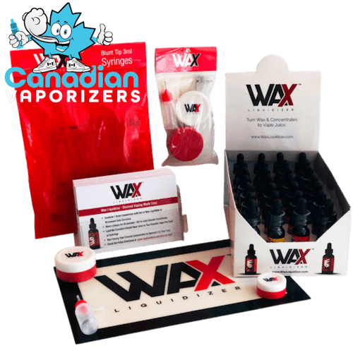 WAX Liquidizer 15ml Starter Kit - WAX liquidizer starter kit with a white display box, black dropper bottles, red-and-white packaging, and counter display mat.