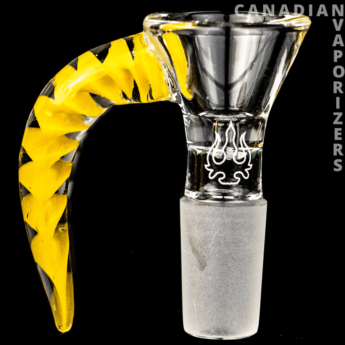 Yellow | 14MM Hydros Horn Bowl - Clear glass 14 mm bowl with a silver-toned base and bright yellow horn-shaped handle.