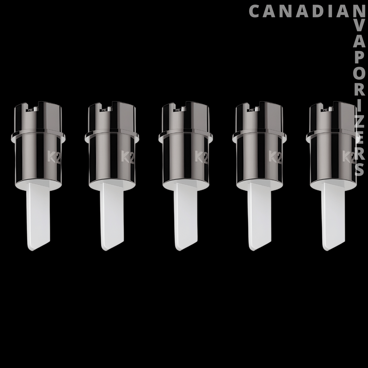 Yocan Blade K1 & K2 Ceramic Tips - Five black Yocan Blade ceramic tips with silver collars and white blades in rounded and slanted styles.