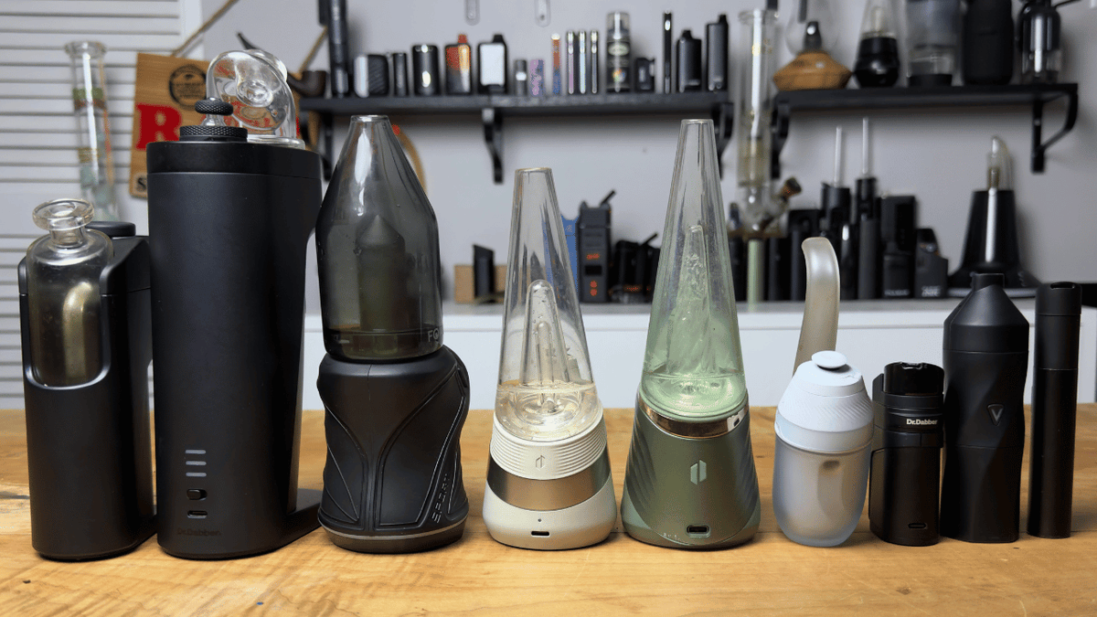 Dr Dabber, Focus V and Puffco Vaporizers all together on a table