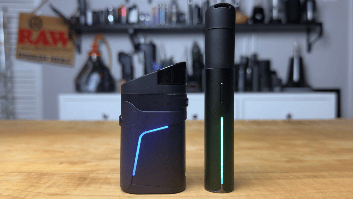 Dr Dabber Ghost 2 and Puffco Pivot standing side by side on a table