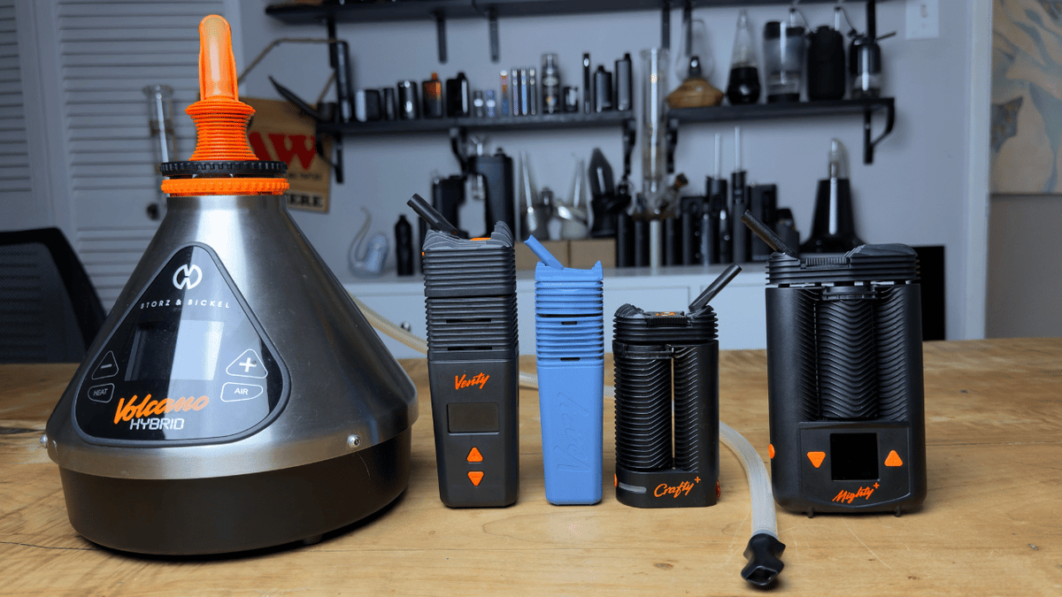 Storz And Bickel Crafty Plus, Venty, Mighty Plus, Volcano, Veazy on table side by side