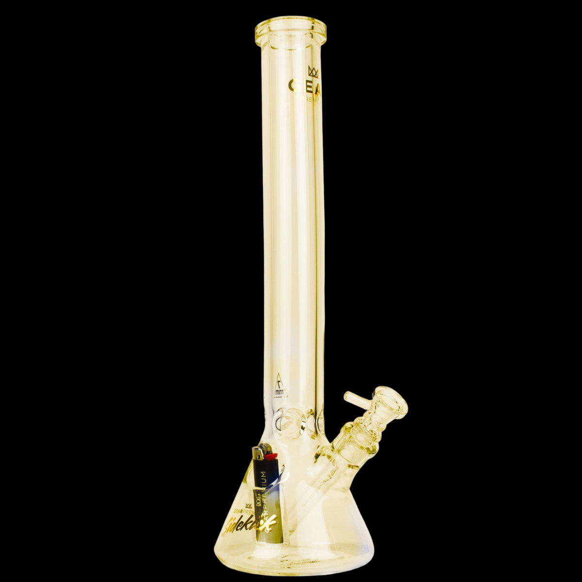 Gear Premium 18" 7mm Thick Sidekick Beaker Tube - Amber glass beaker bong with a long straight neck, flared base, and angled sidekick joint.