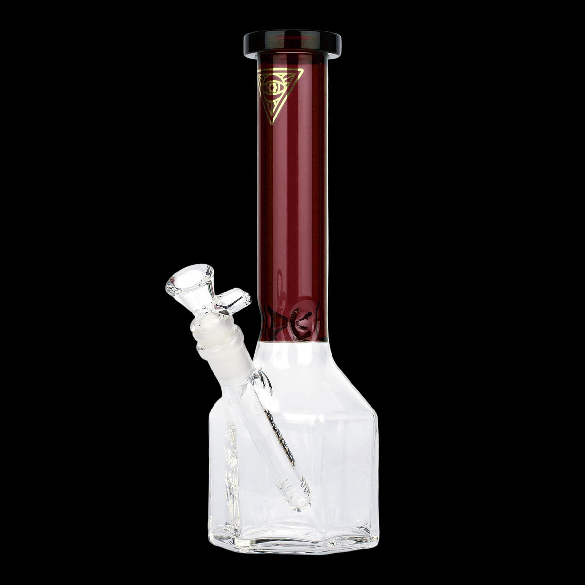 Red Eye Tek 11" Honeycomb Tube - Red glass 11-inch bong with a clear square base, angled glass bowl, and gold logo.