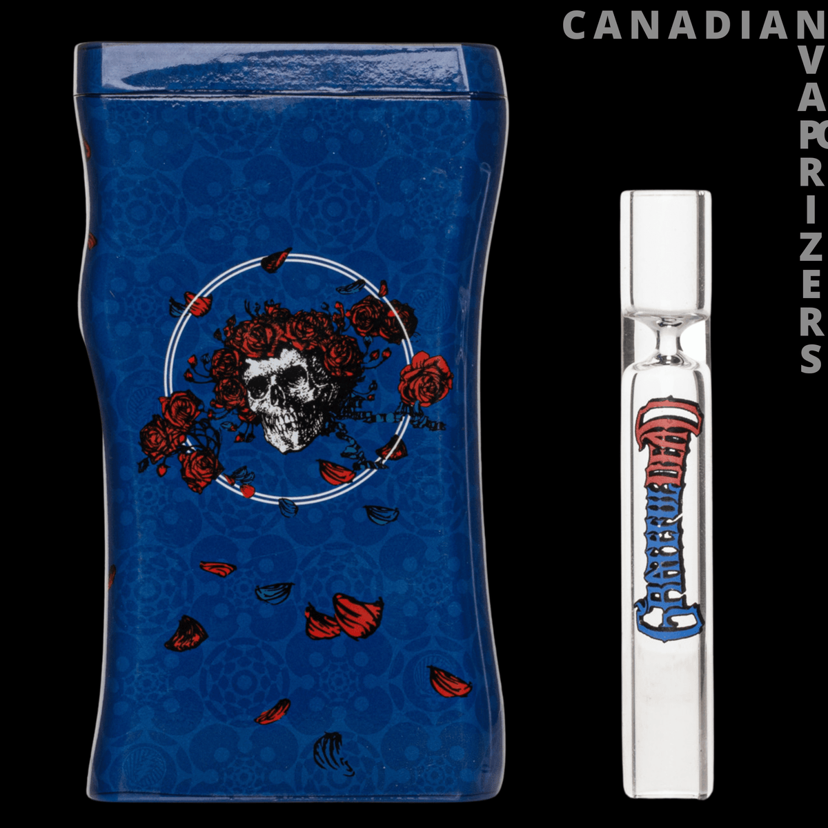 3.8” Bertha Dugout - Blue patterned Bertha dugout case with circular skull artwork and a clear glass one-hitter.