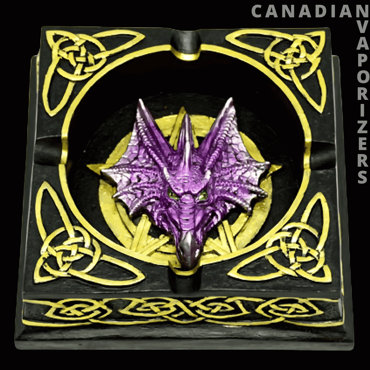 4.5" Dragon Ashtray - Black square dragon ashtray with a purple dragon relief and ornate yellow Celtic knotwork.