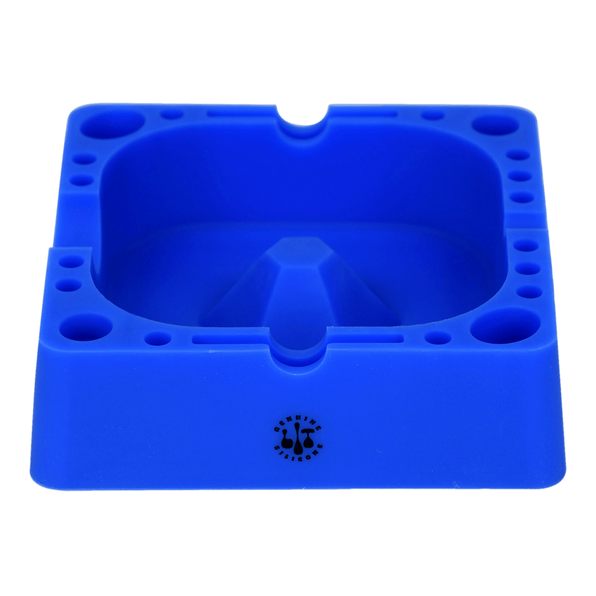 4.75" Square Ashtray - Bright blue square ashtray with a deep recessed basin, raised center, and round edge notches.