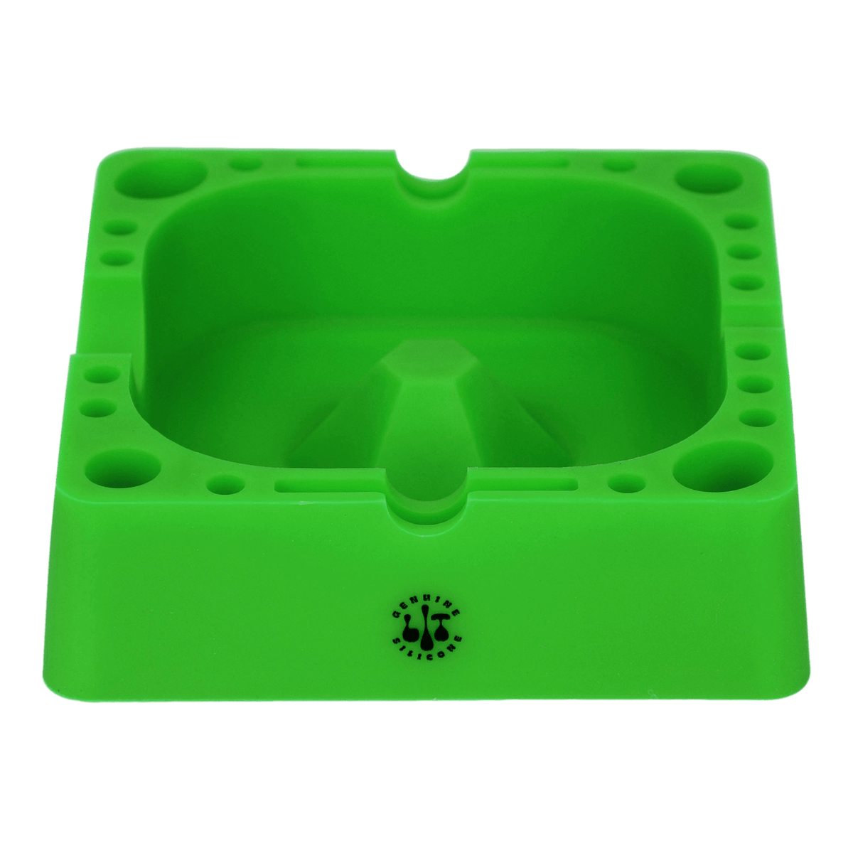 4.75" Square Ashtray - Bright green square ashtray with deep basin, molded cigarette rests, and a small perforated front vent.
