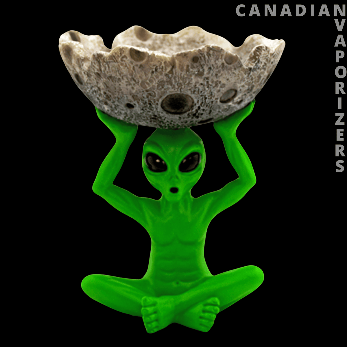 5.5" Alien Holding Moon Ashtray - Bright green alien ashtray figure holds a textured beige moon-shaped bowl above its head.