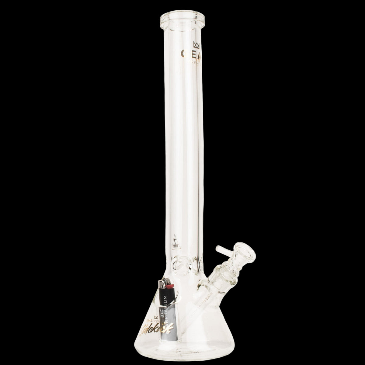 Gear Premium 18" 7mm Thick Sidekick Beaker Tube - Clear glass beaker bong with a tall tube, flared base, angled sidekick stem, and white bowl.