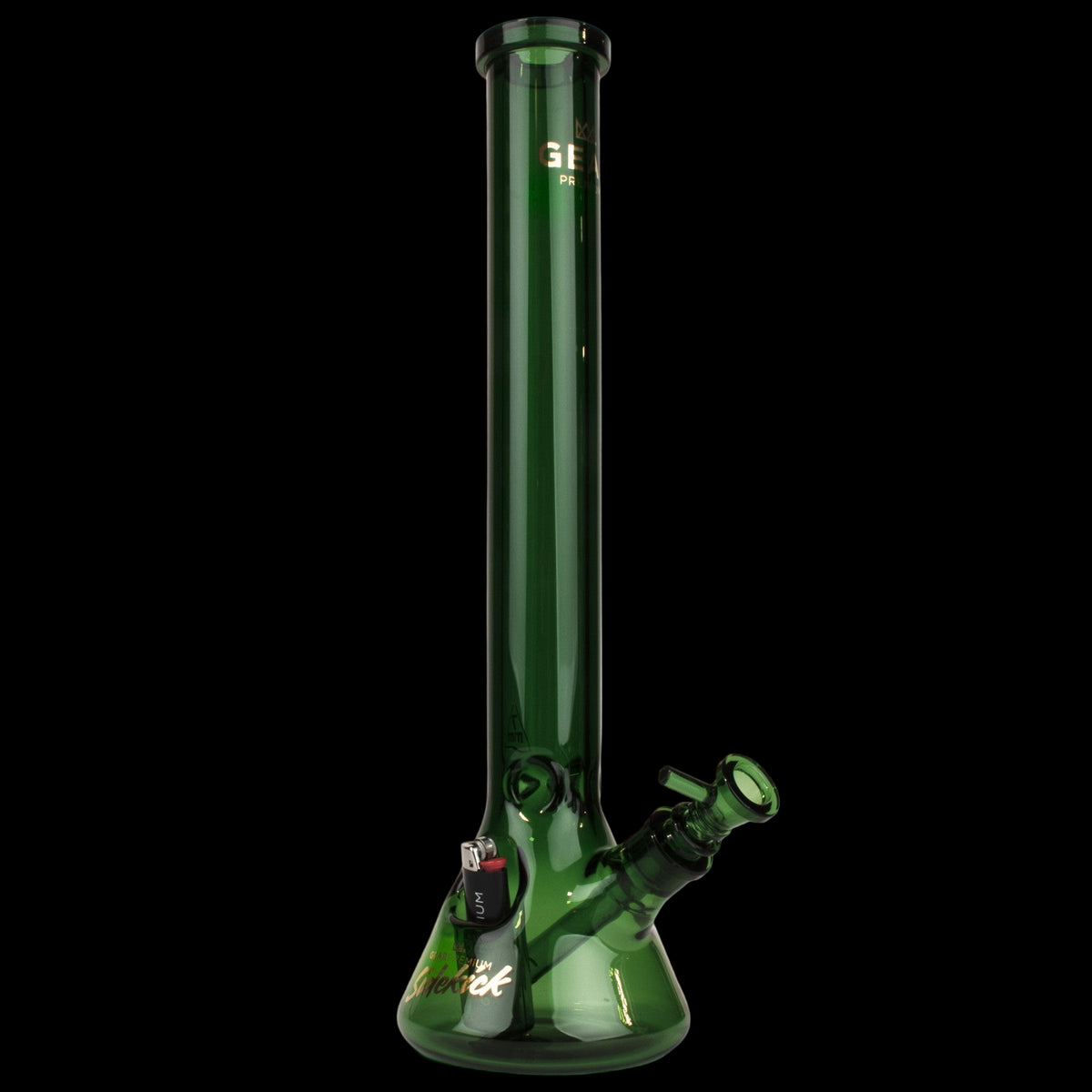 Gear Premium 18" 7mm Thick Sidekick Beaker Tube - Dark green glass beaker bong with a tall straight neck, flared base, and angled sidekick bowl.