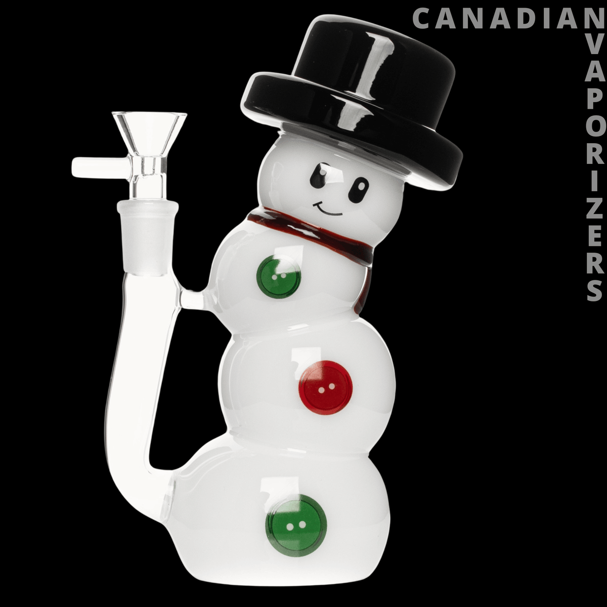 7" Snowman Bubbler - White glass snowman bubbler with a black top hat, red scarf, and colorful button details.