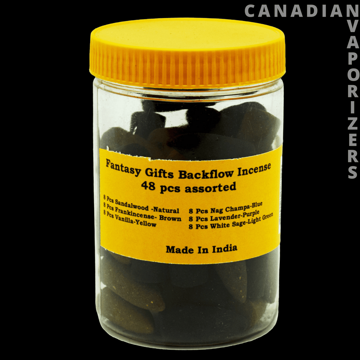 Assorted Back Flow Incense (48 Pieces) - Clear jar of assorted dark backflow incense cones with a yellow lid and yellow label reading “48 pcs assorted.”.