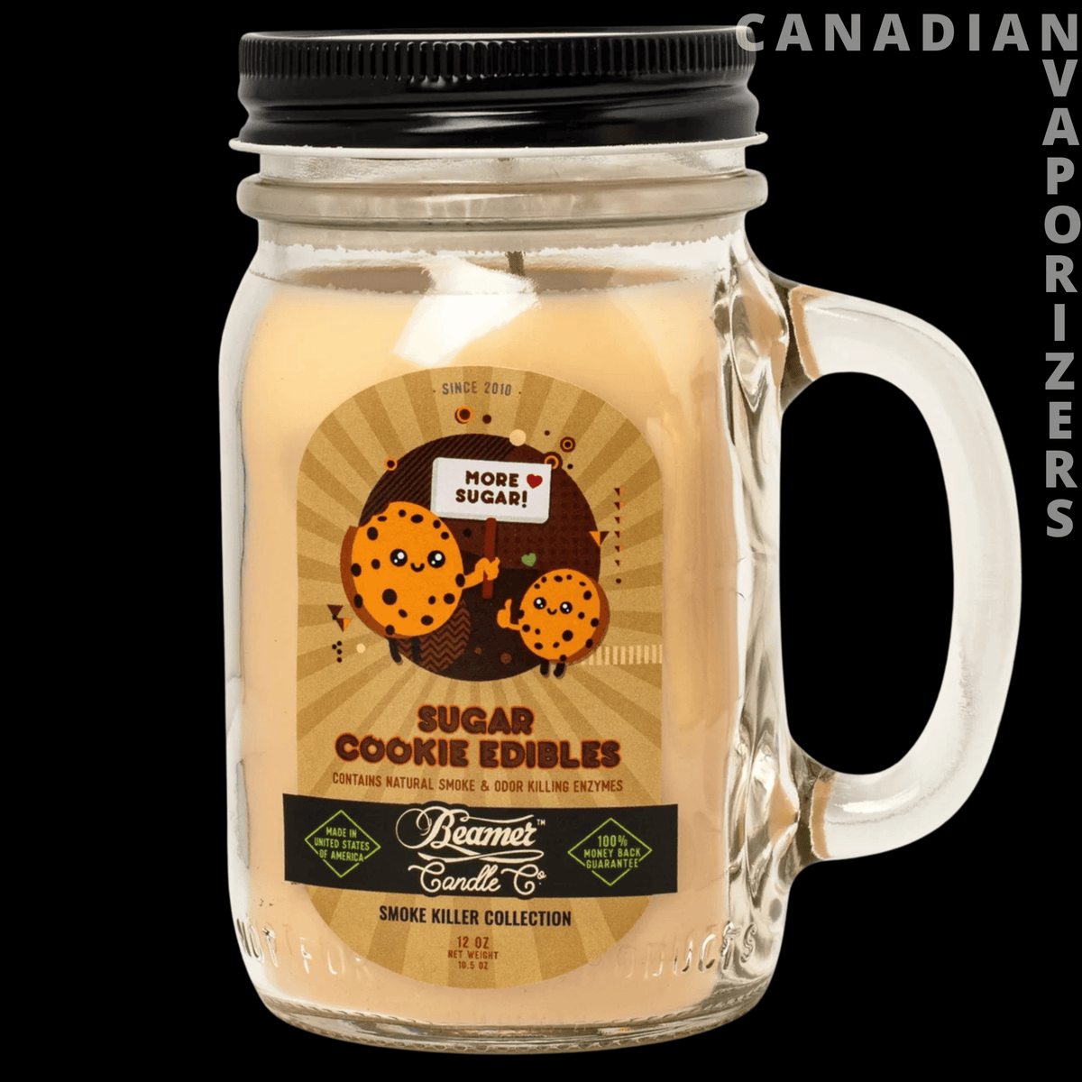 Beamer Candle Co 12oz Sugar Cookie Edibles Candle - Clear glass mason jar candle with a black lid, cream wax, and a sugar cookie edibles label.