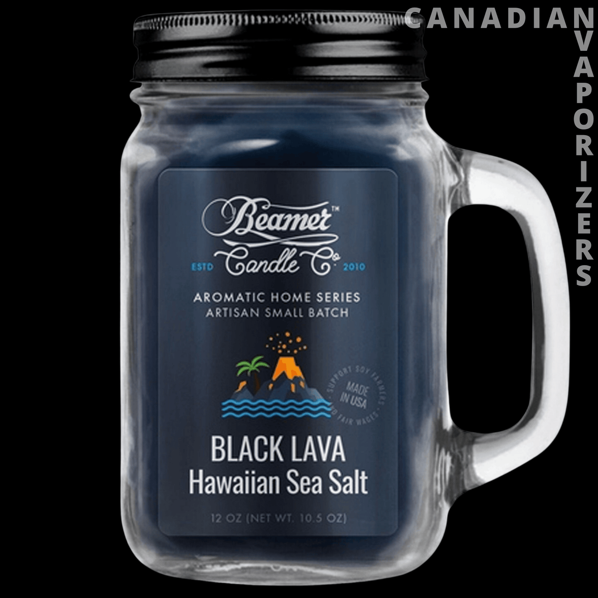 Beamer Candle Co 12oz Black Lava Hawaiian Sea Salt Candle - Black Lava Hawaiian Sea Salt candle in a clear handled mason jar with a black lid and navy label.