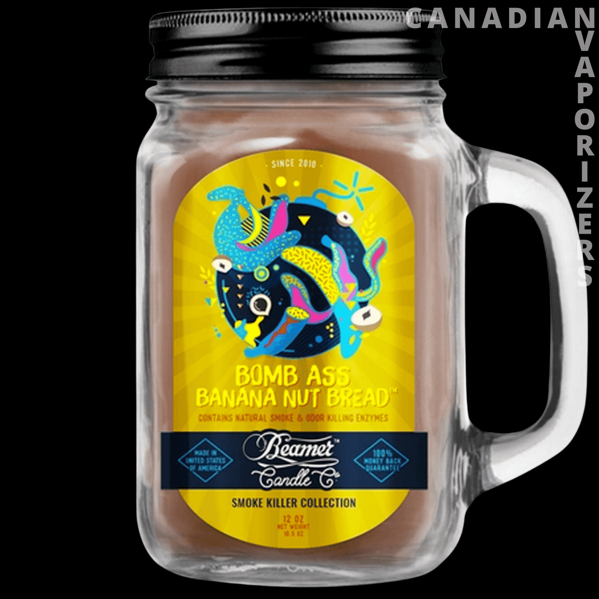 Beamer Candle Co 12oz Bomb Ass Banana Nut Bread Candle - Clear mason jar candle with a black lid, bright yellow illustrated label, and a built-in handle.