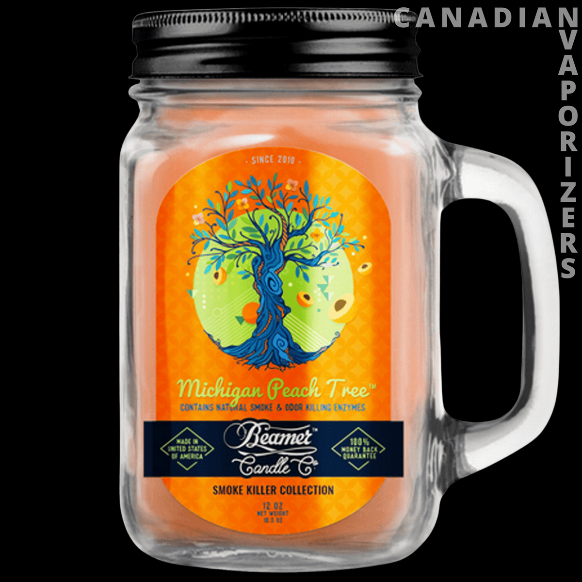 Beamer Candle Co 12oz Michigan Peach Tree Candle - Clear handled glass jar candle with a black lid and bright orange Michigan Peach Tree label.