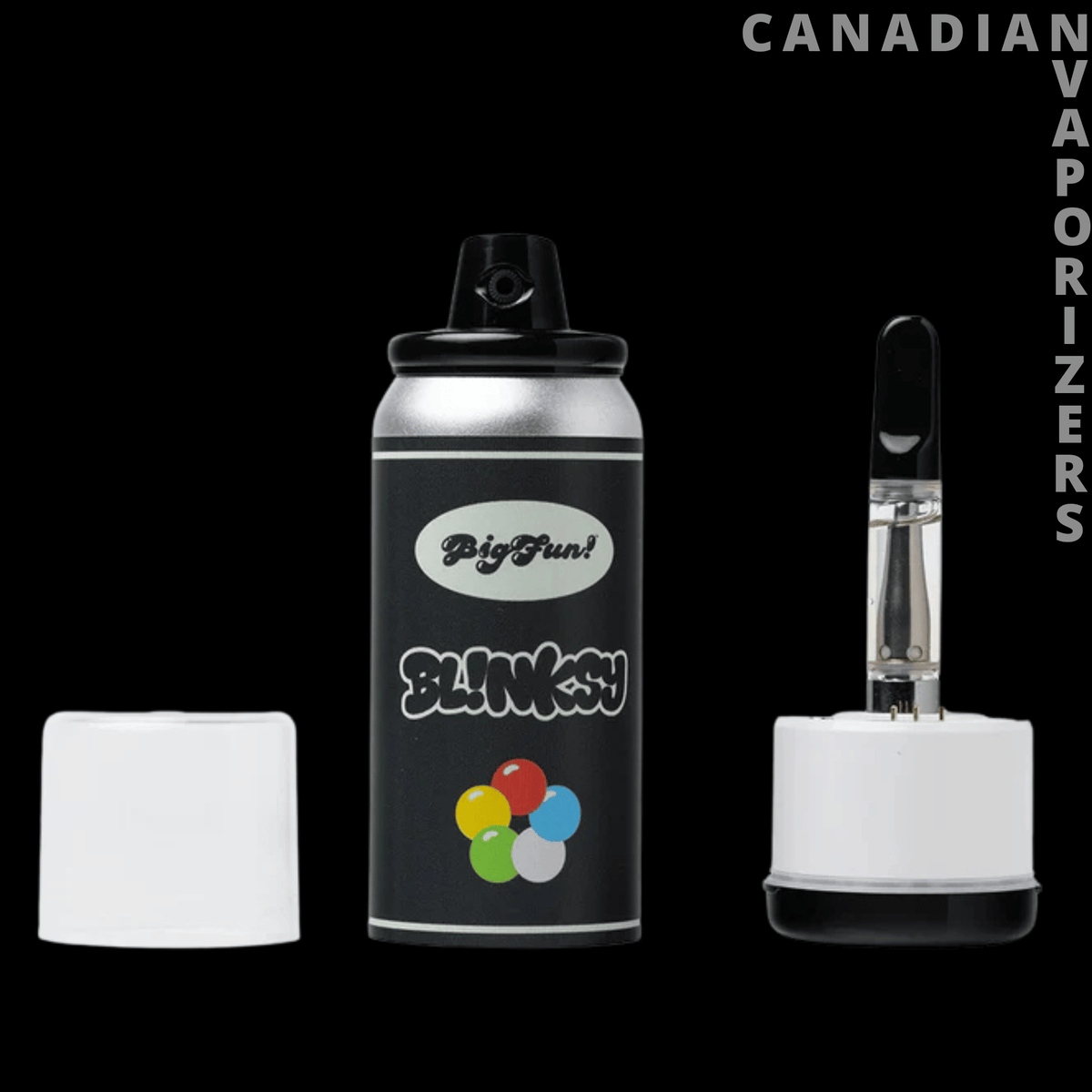 Bigfun! Blinksy 510 Battery - Black Bigfun! Blinksy 510 battery with colorful logo, shown beside its white cap and cartridge attachment.