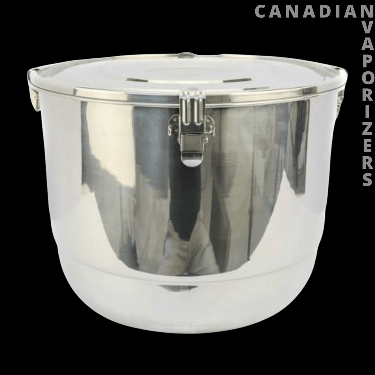 CVault w/ 1 x 320 gram Boveda - Polished stainless steel CVault container with a round lid and front clasp.