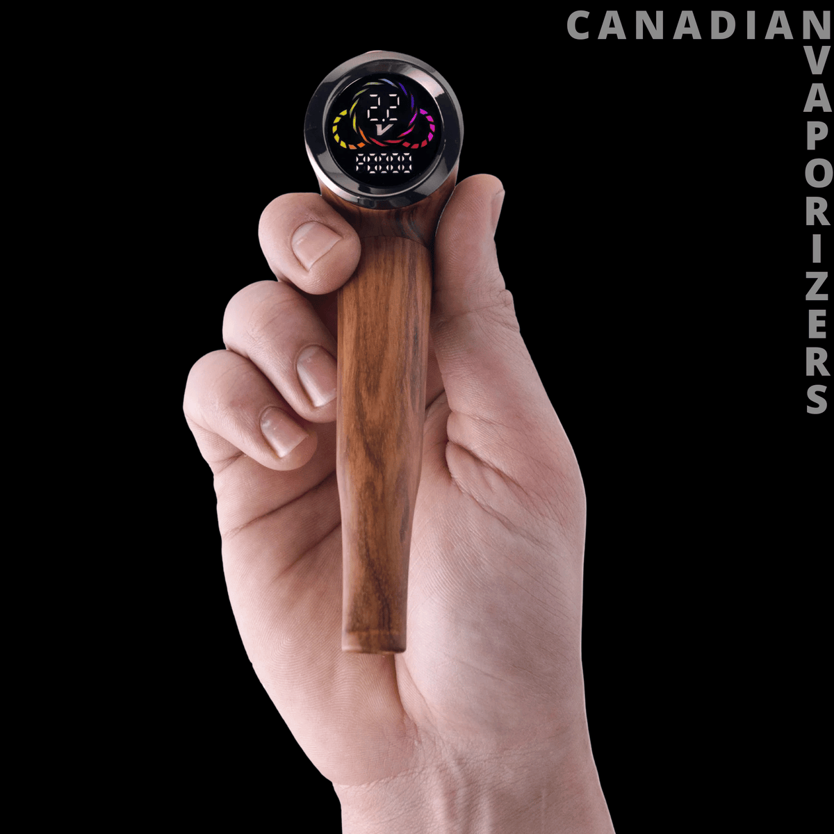 Cartisan The Inspector 510 Vaporizer Battery - Wood-grain Cartisan Inspector 510 vaporizer battery held upright, with a round digital display at the top.