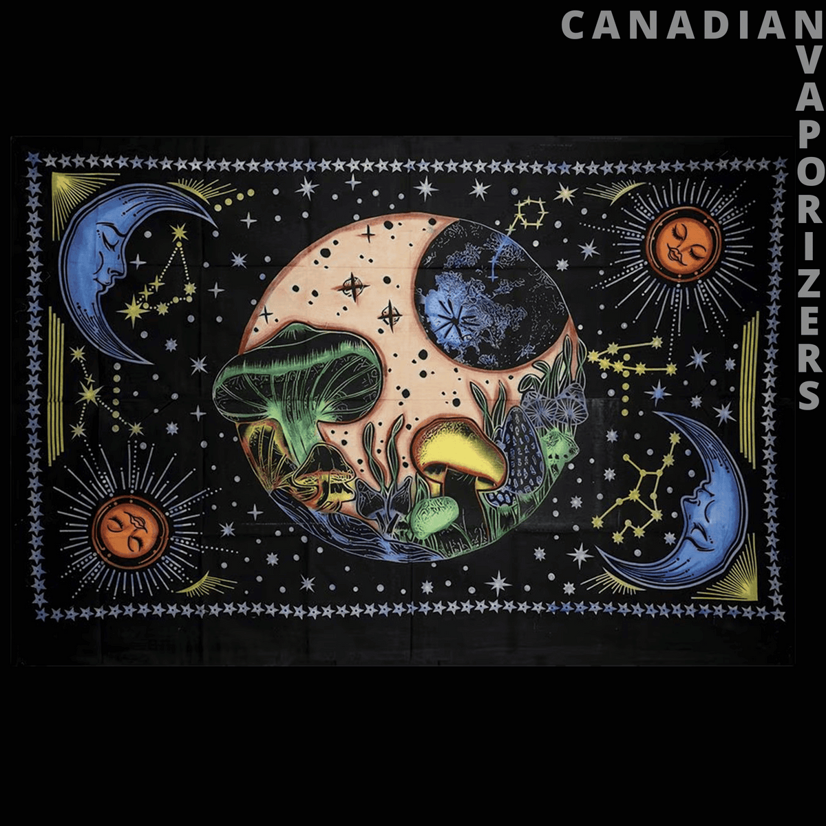 Celestial &amp; Psychedelic Tapestry - Black celestial tapestry with a colorful Earth, crescent moon, stars, suns, and psychedelic mushroom motifs.