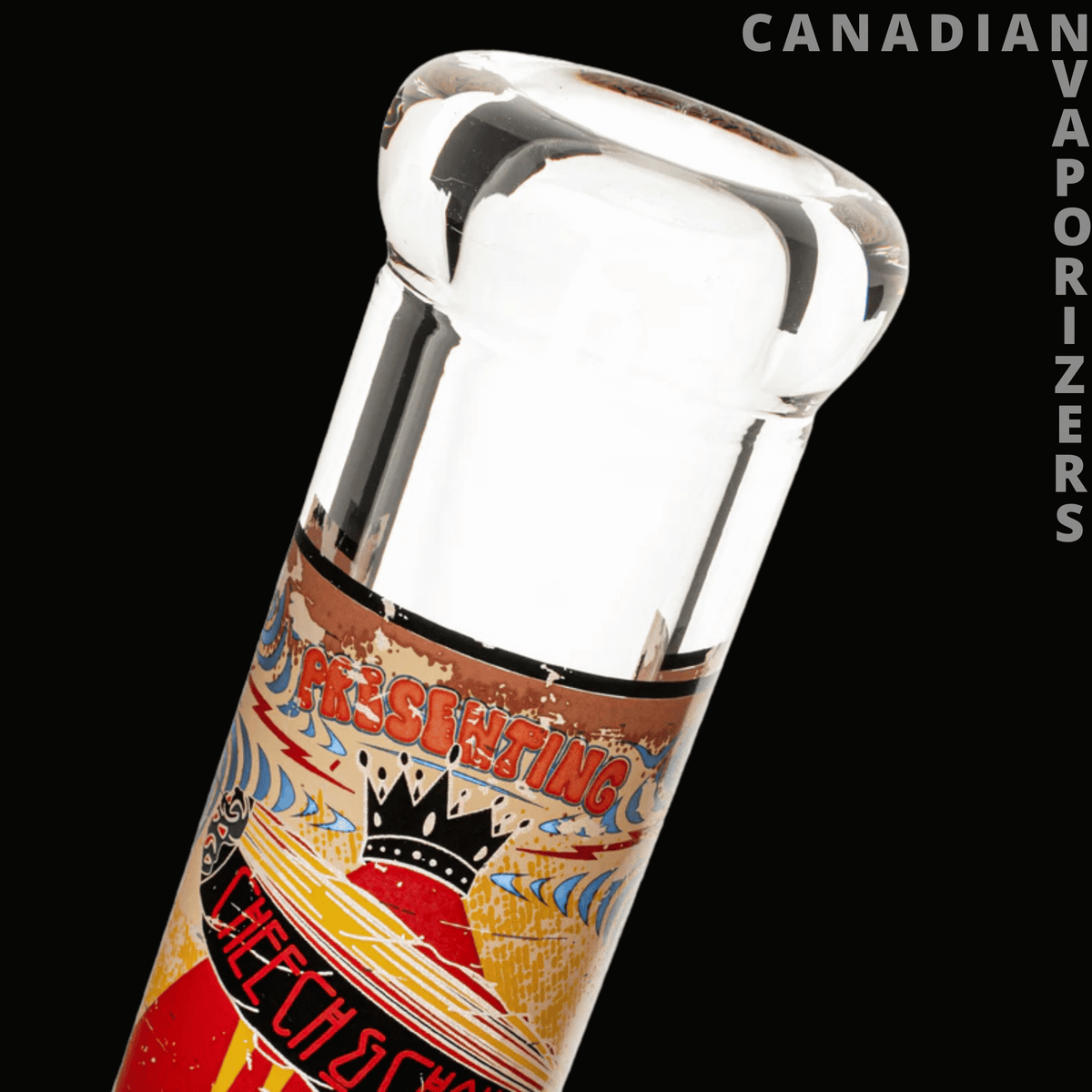 Cheech And Chong 15" Glass 7mm Thick 420 Mind Meld Water Pipe - Tall clear glass water pipe with a wide flared mouthpiece and colorful Cheech and Chong artwork on the chamber.