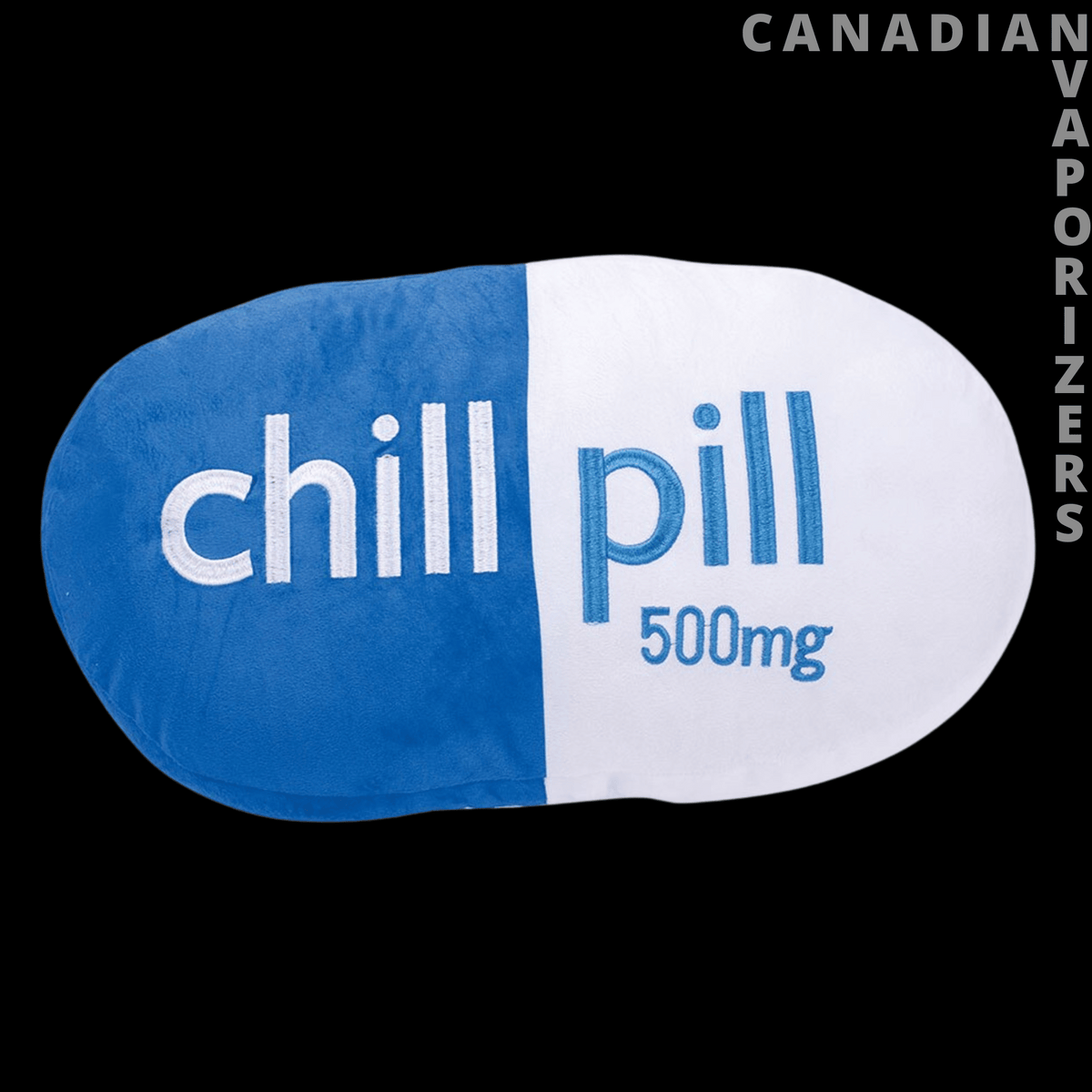 Chill Pill Plush Pillow - 18"x10" / Blue - Blue-and-white capsule-shaped plush pillow with “chill pill 500mg” lettering.