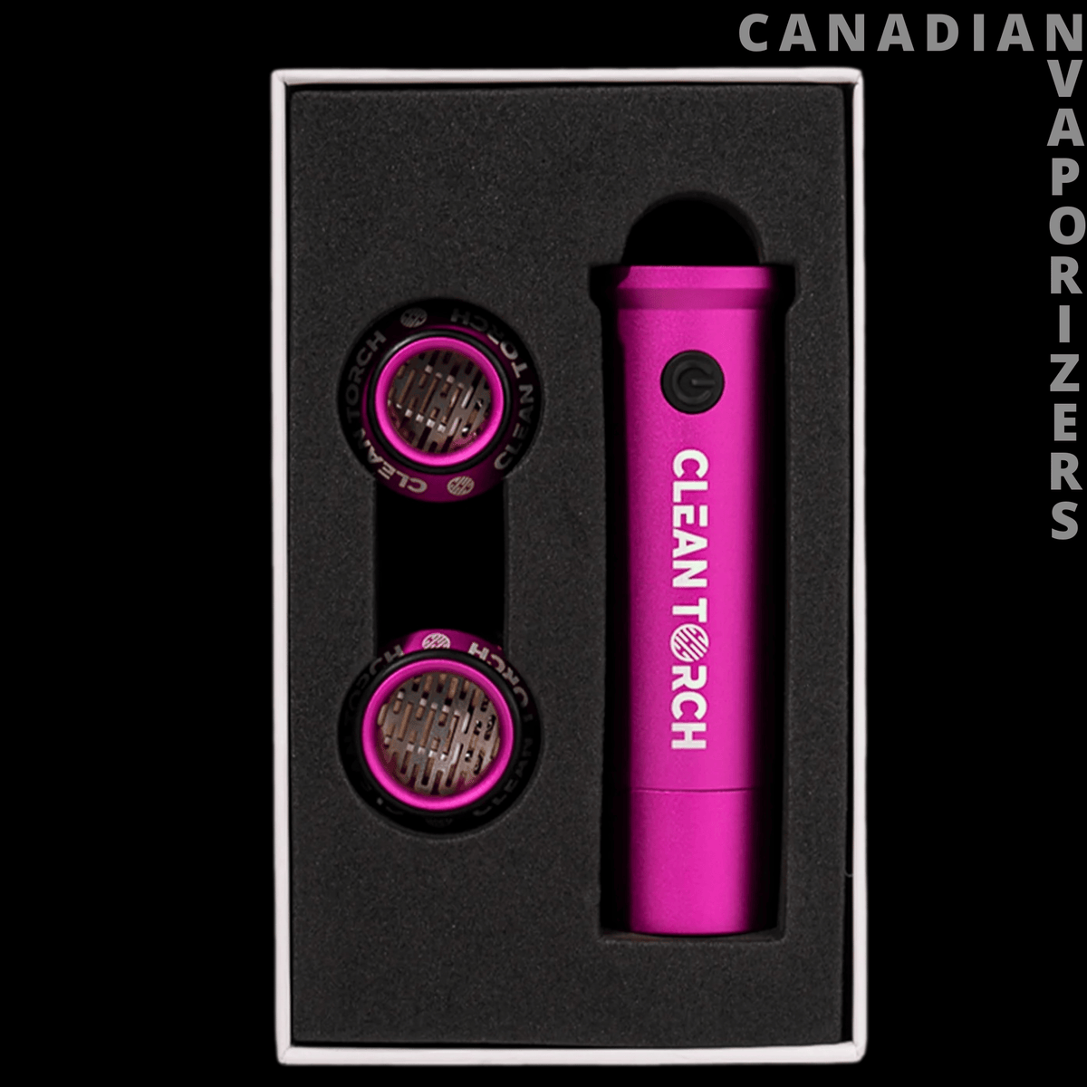 Clean Torch Set - Bright pink CleanTech torch with two interchangeable circular heads in a fitted black foam case.