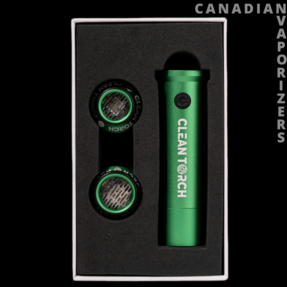 Clean Torch Set - Green Clean Torch set with a slim metal lighter and two circular accessories in a black presentation box.