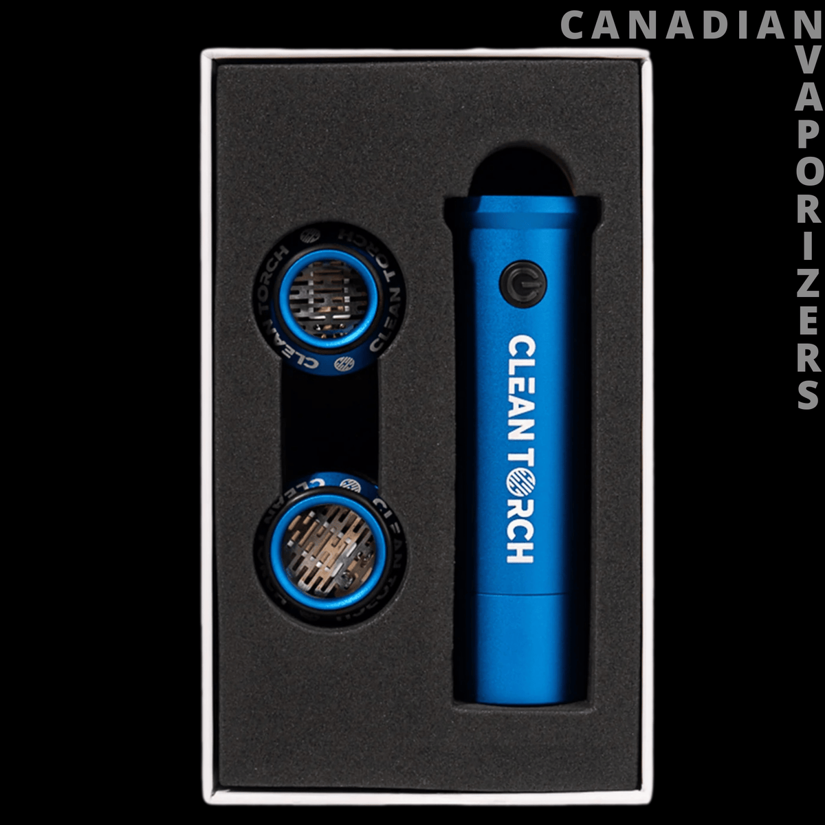 Clean Torch Set - Blue Clean Torch set with a slim cylindrical torch and two round replacement torch heads in a black display box.